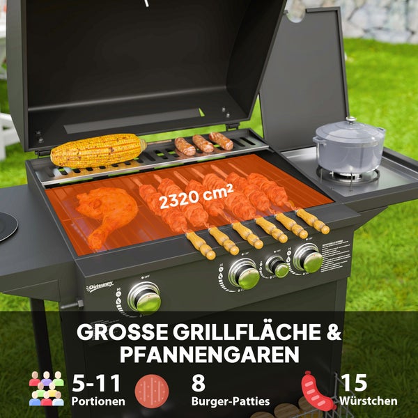 Outsunny Gasgrill 9,5 KW Grillwagen inkl 4 Brenner Seitenkocher Rolle Druckminderer Gasschlauch Deckel 2 Heizzonen Thermometer Seitenablagen, BBQ Gartengrill für Balkon, Grill 123x57x98 cm