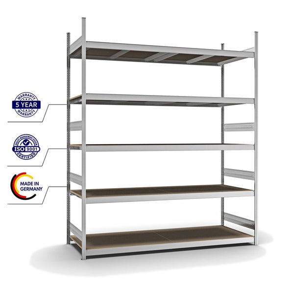 PROREGAL Weitspannregal Stecksystem T-Profil Grundregal HxBxT 300x250x80 cm 5 Ebenen Spanplatten Fachboden Fachlast 350 kg Verzinkt