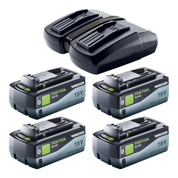 Festool Energie-Set mit vier 18 Volt 8,0 Amperestunden Li-HighPower Airstream Bluetooth Akkupacks und einem Doppel-Schnellladegerät.