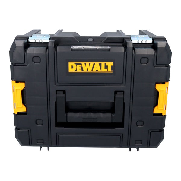 Werkzeugkoffer aus Kunststoff mit Metallverschlüssen, Tragegriff und DeWALT Logo.