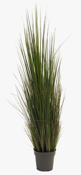 Künstliches Gras in einem schwarzen Kunststofftopf.