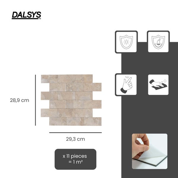 Dalsys Logo. Selbstklebende Mosaikfliesen in Steinoptik, 29,3 mal 28,9 Zentimeter. 11 Stück für 1 Quadratmeter. Ultraviolettbeständig und wasserfest.