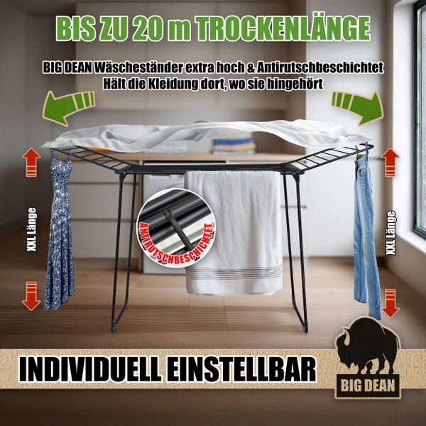 BIG DEAN Wäscheständer mit bis zu 20 Meter Trockenlänge, extra hoch und Antirutschbeschichtung