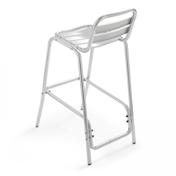 Barhocker aus Aluminium mit Rückenlehne und Fußstütze, Sitzfläche und Lehne im Latten-Design.