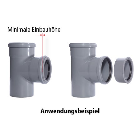Abwasserrohr T-Stück aus Kunststoff zur Veranschaulichung der minimalen Einbauhöhe und Montageanwendung.