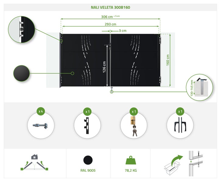 Nali Veleta 300B160 Gartentor Details und Abmessungen