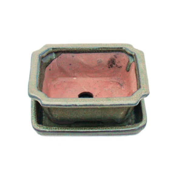 Rechteckige Bonsaischale aus Keramik mit Untersetzer