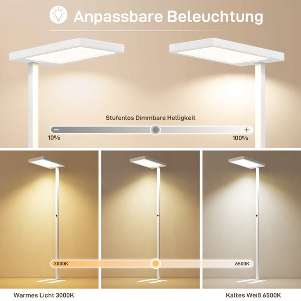 Einstellbare LED Stehlampe mit Dimmfunktion und Farbtemperaturregelung.