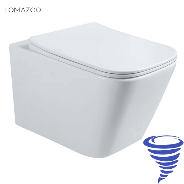 Wandhänge WC von Lomazoo mit WC Sitz in eckigem Design für eine moderne Badezimmerausstattung.