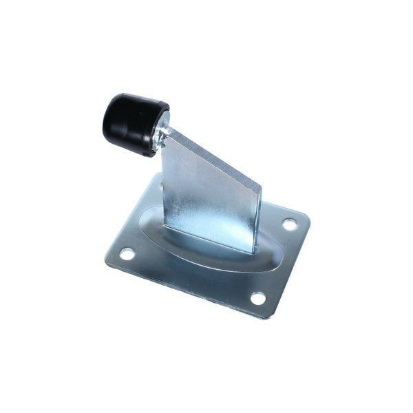 Ein Boden-Türstopper aus verzinktem Stahl mit schwarzem Puffer zur Bodenmontage.