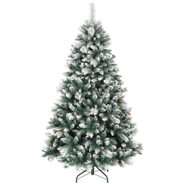 Künstlicher Weihnachtsbaum mit Schneeeffekt, Tannenzapfen und Ständer.
