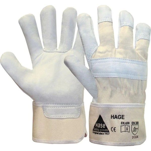Ein Paar Arbeitshandschuhe aus Leder und Textil mit langer Stulpe, zertifiziert nach EN 420 und EN 388, von der Marke Hase Safety Gloves.