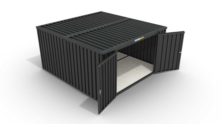 Lagercontainer Gerätehaus XL2  – 21 qm, H2150 x B5080 x T4340 mm, Außenwandlackierung anthrazit, Dach außen verzinkt, mit Holzfußboden, 2750 mm Doppelflügeltür mittig in Stirnseite, montiert
