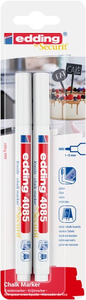 Zwei Edding 4085 Kreidemarker in einer Blisterverpackung für Glas und dunkle Tafeln mit einer Strichbreite von 1 bis 2 Millimetern.