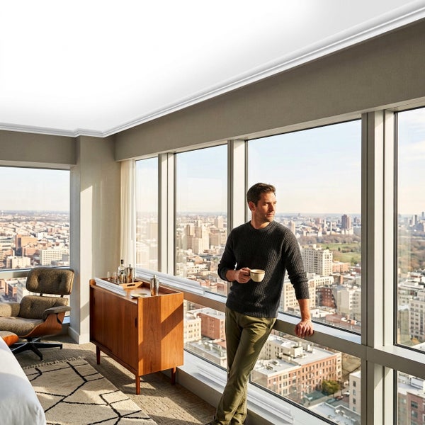 Ein Mann steht mit einer Tasse in einem modernen, hellen Wohnzimmer mit bodentiefen Fenstern und Blick auf eine städtische Skyline.