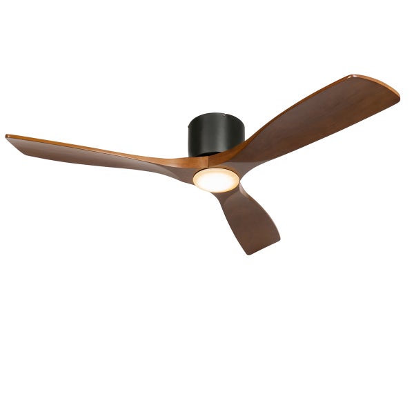 Moderner Deckenventilator mit Beleuchtung, drei braune Holzflügel und schwarzes Metallgehäuse.