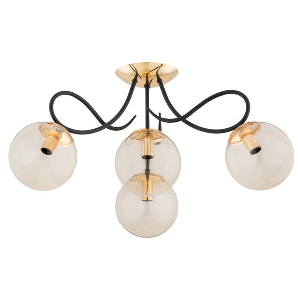 Moderne Deckenleuchte mit vier Glaskugeln und geschwungenen Metallarmen für eine elegante Wohnraumbeleuchtung.