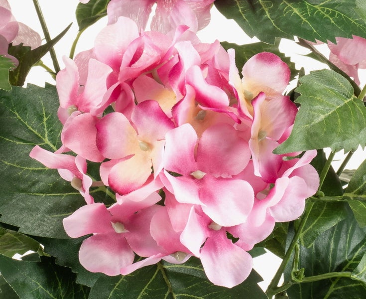Künstliche Hortensie mit rosa Blüten und grünen Blättern in einem schwarzen Topf.
