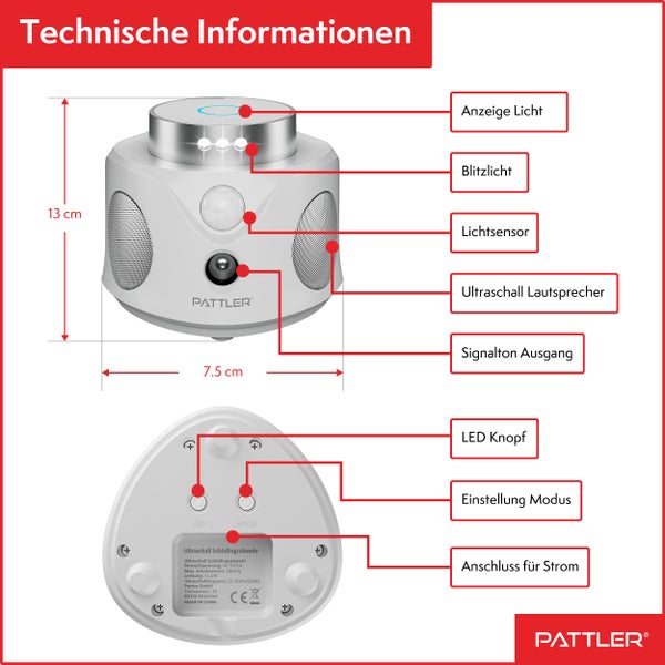 PATTLER® - 360° Ultraschall Mäuseabwehr - Effektiv Mäuse vertreiben mit Ultraschallwellen - optimiert für die Abwehr von Mäusen und Ratten