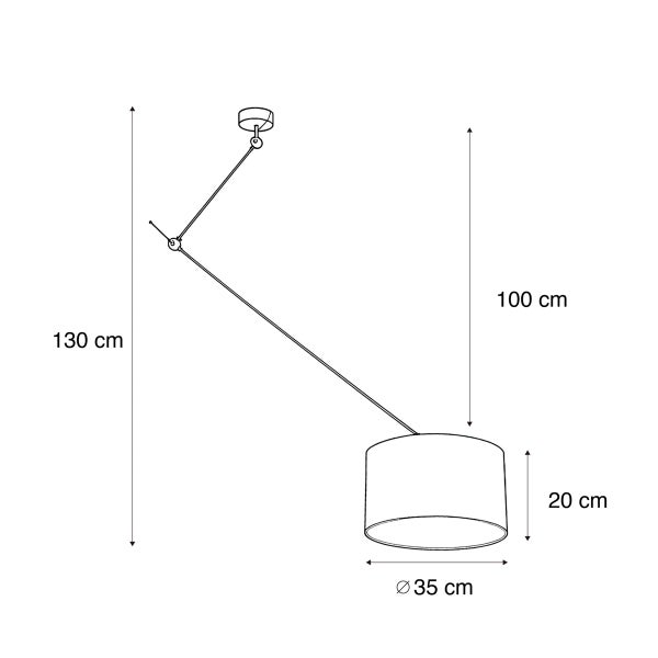 Technische Zeichnung einer Pendelleuchte mit den Maßen 130 cm, 100 cm, 20 cm und einem Durchmesser von 35 cm.