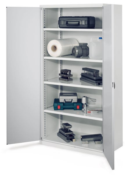 Werkstattschrank mit Regalen und verschiedenen Werkzeugen und Materialien