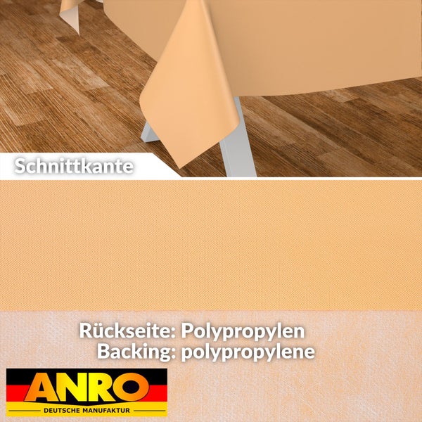 ANRO Tischdecke mit Schnittkante und Rückseite aus Polypropylen, zeigt Oberflächenstruktur und Rückseite. ANRO Logo.