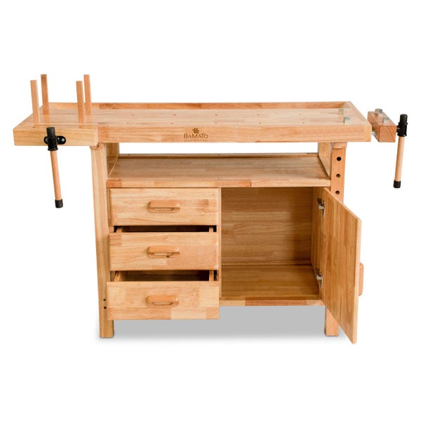 Werkbank aus Holz mit Schubladen und Schrank
