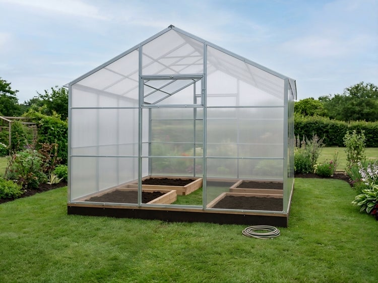 Freistehendes Gewächshaus mit Aluminiumrahmen und Hohlkammerplatten in einem Garten mit Hochbeeten.