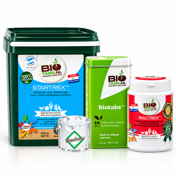 Set aus BioTabs Startrex Bodenverbesserer, Biotabs Düngertabletten und Bactrex Bodenbakterien zur organischen Pflanzenpflege.