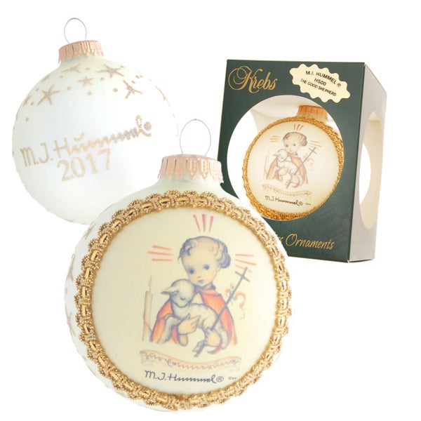 Hellgold matt 8cm Glaskugeln M.I. Hummel, Der gute Hirte, Handdekoration mit Seidenbild und Borde (1 Stück), 1 Stck., Weihnachtsbaumkugeln, Christbaumschmuck, Weihnachtsbaumanhänger