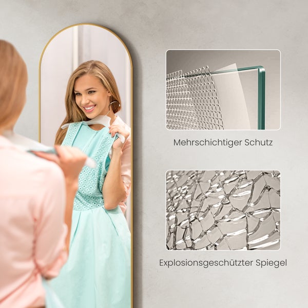 EMKE Bogen Standspiegel 140 x 40 cm, 2-in-1 Ganzkörperspiegel zum Aufstellen oder vertikalen Wandmontage, mit kupferfreiem und rostfreiem Spiegelglas, Aluminiumrahmen in Gold, ideal für Schlaf- und Ankleidezimmer
