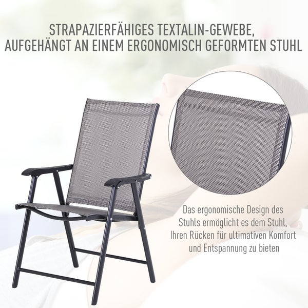 Ergonomischer Gartenklappstuhl mit strapazierfähigem Textalin-Gewebe und Armlehnen.
