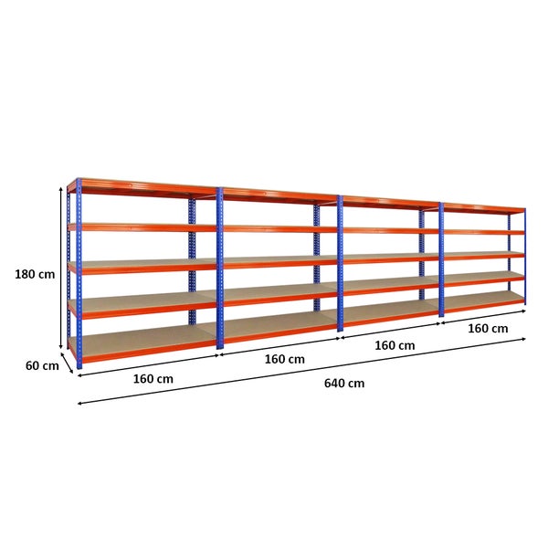 PROREGAL Mega Deal 4x Profi Schwerlastregal Bison HxBxT 200 x 180 x 60 cm 5 Fachböden Fachlast 600 kg Blau-Orange