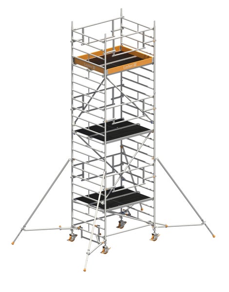 Layher Fahrgerüst mit mehreren Arbeitsbühnen und Stützfüßen