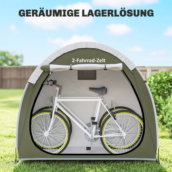 Geräumiges Zelt zur Lagerung von zwei Fahrrädern im Außenbereich auf einer Rasenfläche.