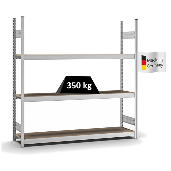 PROREGAL Weitspannregal Stecksystem T-Profil Grundregal HxBxT 200x200x40 cm 3 Ebenen Spanplatten Fachboden Fachlast 350 kg Verzinkt