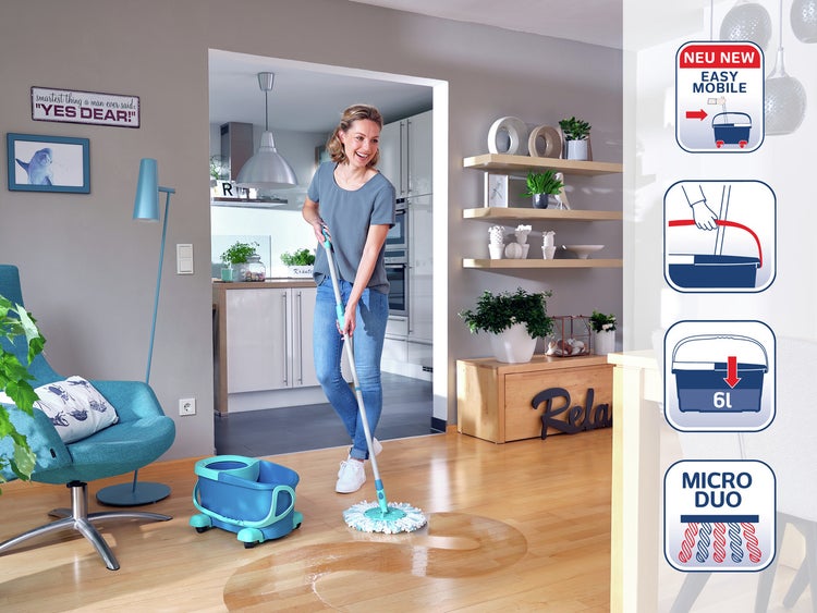 Leifheit Set Clean Twist Disc Mop Ergo 2.0 mit Rollwagen, Bodenwischer mit Mikrofaser Bezug für nebelfeuchte Reinigung auf Fliesen und Laminat, Wischmopp mit Click-System und Schleudertechnologie