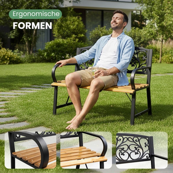 Gartenbank mit Metallgestell und Holzlatten im Garten mit Detailansichten der ergonomischen Formen von Armlehne, Sitzfläche und Rückenlehne.