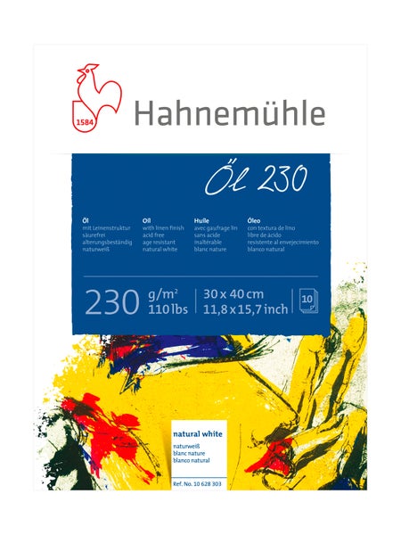 Hahnemühle Öl 230 Malblock für Ölmalerei, 230 Gramm pro Quadratmeter, 30 mal 40 Zentimeter, 10 Blatt, naturweiß mit Leinenstruktur.