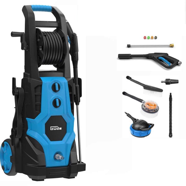 Blau-schwarzer Güde Hochdruckreiniger mit Schlauchtrommel, Reinigungslanze, Hochdruckpistole, Bürsten und Terrassenreiniger.