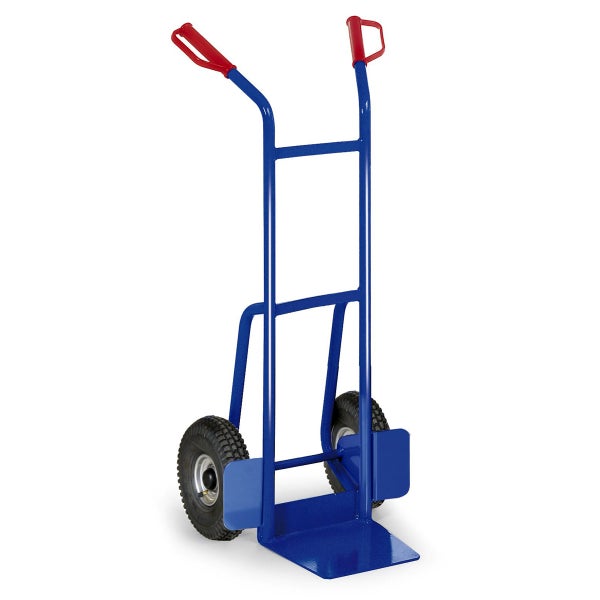 Blaue Sackkarre mit roten Griffen