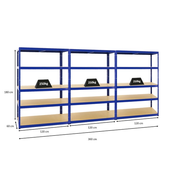PROREGAL Mega Deal 3x Schwerlastregal Big Elephant M HxBxT 180 x 120 x 60 cm Fachlast 250 kg Blau