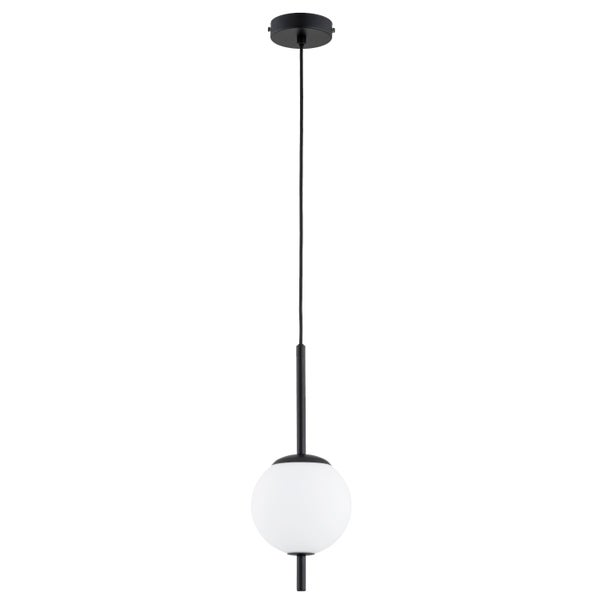 Moderne Pendelleuchte mit einer Kugel aus Glas und Elementen aus Metall zur Deckenmontage