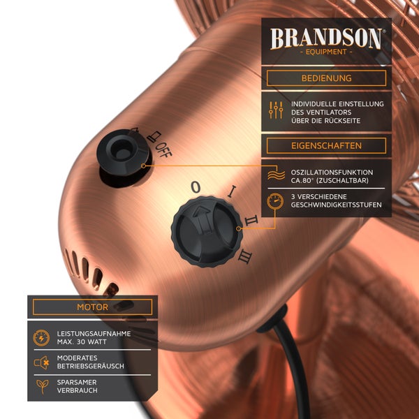 Brandson Tischventilator, Ventilator mit 3 Leistungsstufen, mobiler Lüfter im Retro Design, Zuschaltbare 80° Oszillation, Neigungswinkel ca. 40°