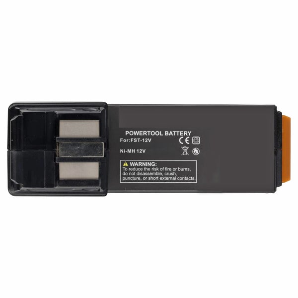 Nickel-Metallhydrid Ersatzakku für 12 Volt Elektrowerkzeuge mit Metallkontakten sowie Sicherheits- und Entsorgungshinweisen.