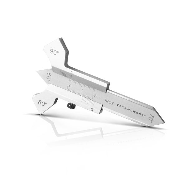 Multifunktions-Messwerkzeug aus Metall für Winkel von 60, 80 und 90 Grad in einer schwarzen Schutztasche.