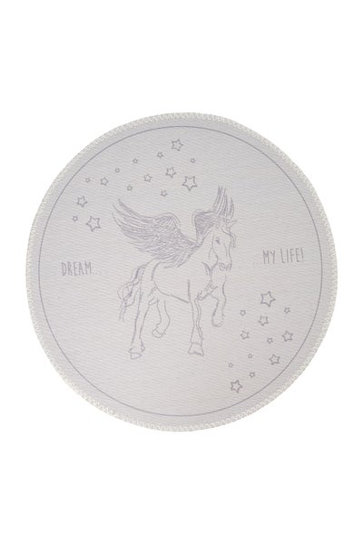 Runder Kinderteppich mit Einhorn-Motiv und Sternenmuster sowie Schriftzug