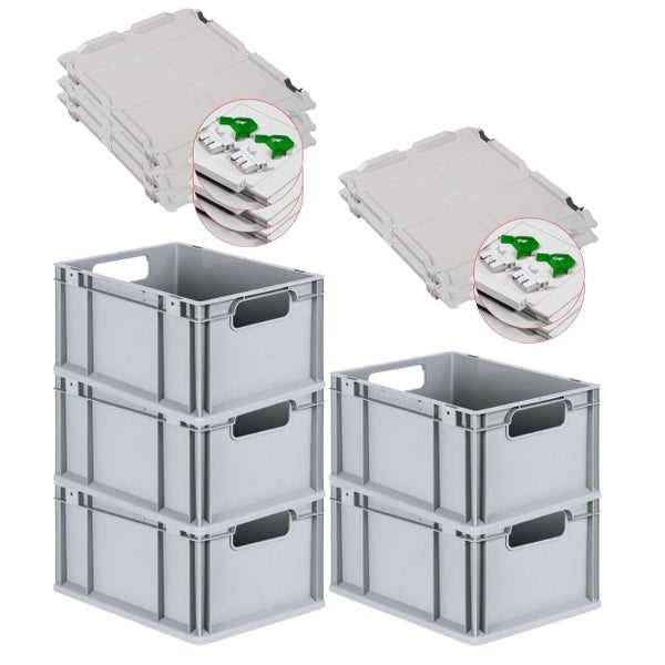 PROREGAL Spar Set 5x Eurobox Nextgen Economy Mit Scharnierdeckel & Grünen Schiebeschnappverschlüssen Griffe Offen HxBxT 22 x 30 x 40 cm 20 Liter