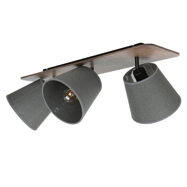 Deckenleuchte mit drei Strahlern und grauem Lampenschirm