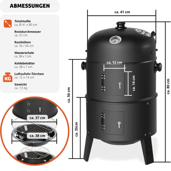 Smoker tectake  Ø 41 cm 3 in 1, zum Grillen, Räuchern, Garen schwarz